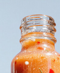 glass bottle filled with spicy orange sauce and chili flakes on light blue background