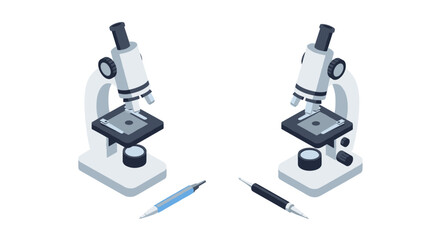 Science equipment with microscopes and pens for laboratory research in isometric style