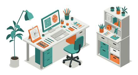 Modern home office isometric desk setup with computer and bookshelves