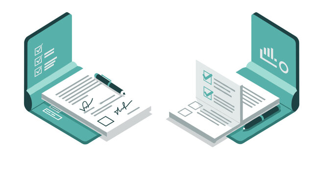 Isometric office setup with documents and pens for business analysis