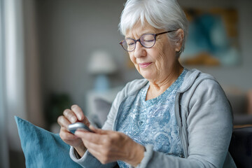 Joyful senior woman happily using smartphone for connection and entertainment at home, embracing modern technology with a smile