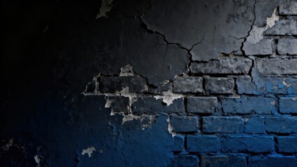 Obraz premium Dark, distressed brick wall features severely peeling paint revealing rough masonry beneath