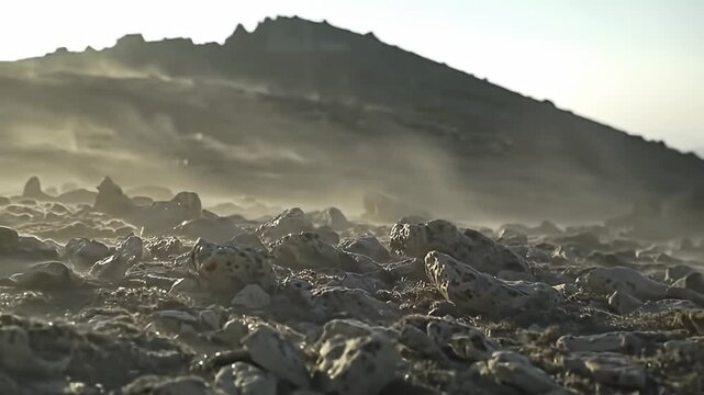 Rocky landscape with blowing dust and hill slope against pale sky, ground-level view