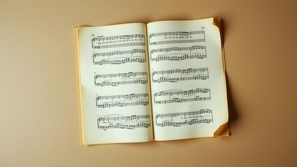Naklejka premium Flat lay of open old music sheet with slightly curled edges, textured paper background