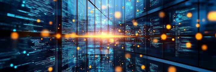 Futuristic High-Tech Network Advanced Server Room with AI, Cloud Computing, and Digital Security