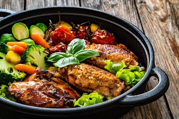 Fototapeta premium Roasted chicken thighs and vegetables in cast iron pan on wooden table 