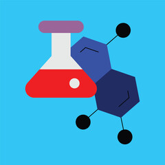 Engaging flat vector graphic of a chemistry flask with red liquid and a molecular structure, representing scientific research, laboratory experiments, and educational science concepts