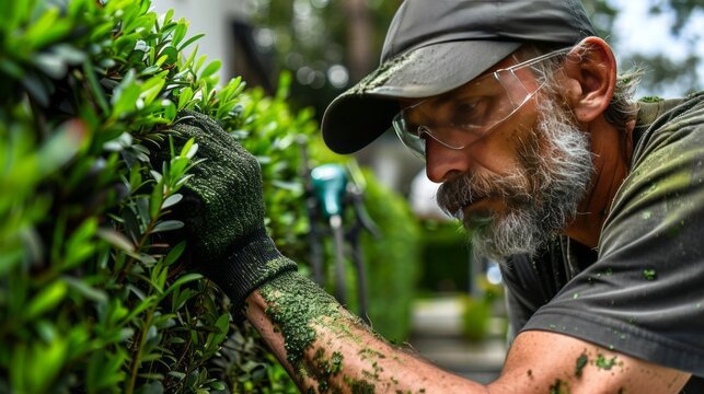 A focused shot captures a landscaper meticulously trimming a lush green hedge, his protective eyewear reflecting the sunlight, showcasing the dedication and precision of outdoor maintenance work