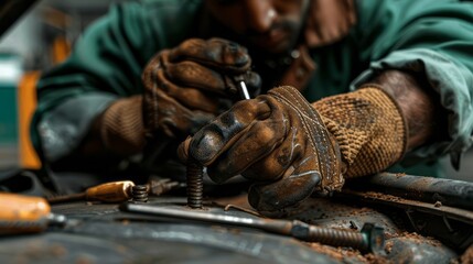 A focused shot captures a mechanic meticulously working on an engine, their gloved hands deftly manipulating tools and components, showcasing the precision and expertise required in automotive repair