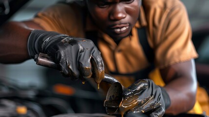 A focused shot captures a mechanic, adorned in a mustard shirt and black gloves, meticulously working on a car engine, with tools in hand, ensuring precision and expertise in automotive repair