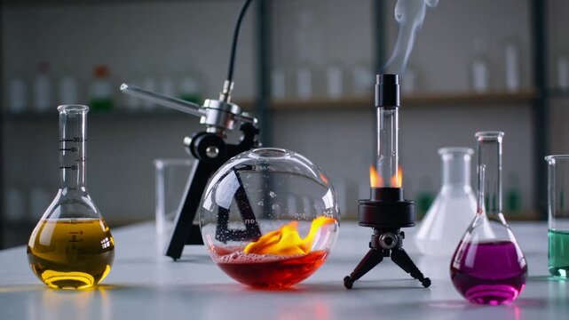 Chemistry laboratory with various flasks and beakers on a table. Intense combustion experiment with fire burning in a round bottom flask