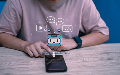 Person interacting with AI voice assistant on smartphone, Concept of artificial intelligence, smart message chatbot, virtual assistant technology for digital communication and automation modern