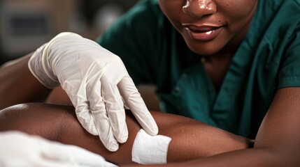 A healthcare professional with dark skin is attending to a patients arm, applying a bandage with gloved hands, showcasing medical care and attention to wound dressing in a clinical setting
