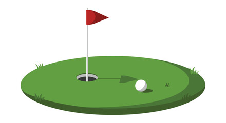 A golf ball rests on a vibrant green putting green near a hole with a red flag silhouette