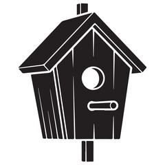 Stylized Black and White Birdhouse Icon with Geometric Roof and Perch