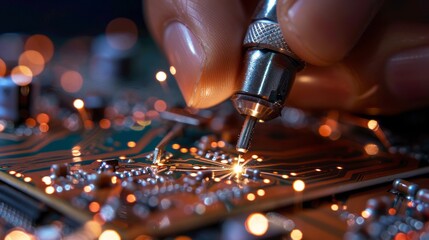 A closeup shot captures the intricate process of soldering on a circuit board, with a hand skillfully maneuvering the soldering iron, creating a mesmerizing display of sparks and glowing components