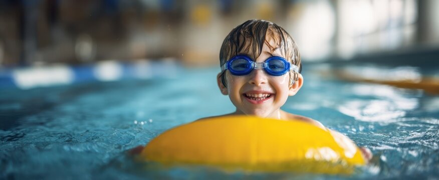 The boy with yellow swim float smiling in indoor pool during swim lesson