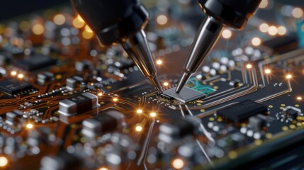 Precise Electronics Testing on a Modern Circuit Board with Advanced Microchip Components and Connectors.