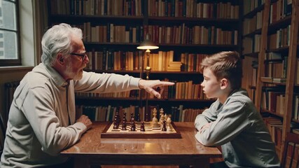 Wise grandfather enthusiastically teaching his curious grandson chess strategy in a classic library, pointing to pieces and explaining moves - Powered by Adobe