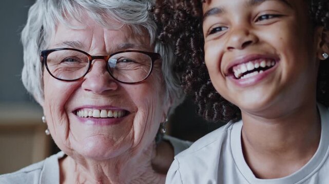 Portrait of a loving multi generational family. An affectionate elderly caucasian grandma sharing a happy moment with her black granddaughter