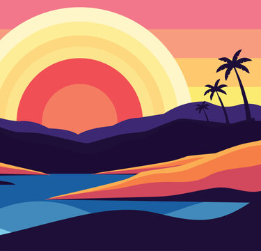 Tropical Sunset Landscape Vector Illustration | Vibrant Digital Art
