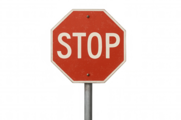 Red stop sign on pole showing warning and regulation, transparent background for traffic safety concept
