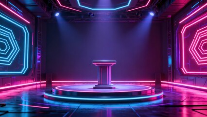 Futuristic virtual stage setup features central podium illuminated by vibrant neon lighting