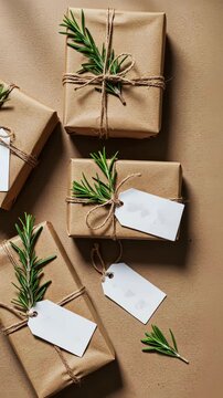 Rustic gift wrapping idea with natural elements and craft paper aesthetic