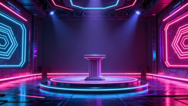 Futuristic virtual stage setup features central podium illuminated by vibrant neon lighting