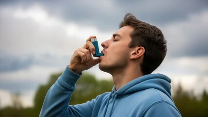 Young man using an asthma inhaler outdoors with cloudy sky in the background
