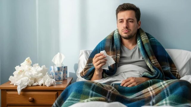Sick man with a cold sitting in bed with tissues and blanket indoors