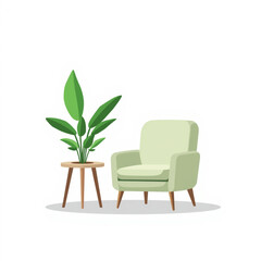 Fototapeta premium Minimalist Living Room Interior with Green Armchair and Indoor Plant Vector Illustration