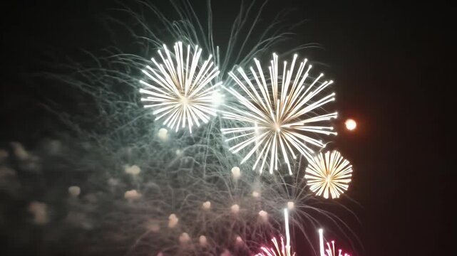 Realistic Video of Bursting Fireworks Display in Night Sky