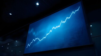 A bright white line graph indicates upward growth on a large dark blue digital screen