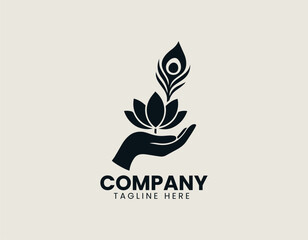 Elegant line art vector illustration of single hand holding sacred lotus flower with characteristic peacock feather. Spiritual design concept