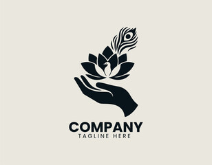 Elegant line art vector illustration of single hand holding sacred lotus flower with characteristic peacock feather. Spiritual design concept