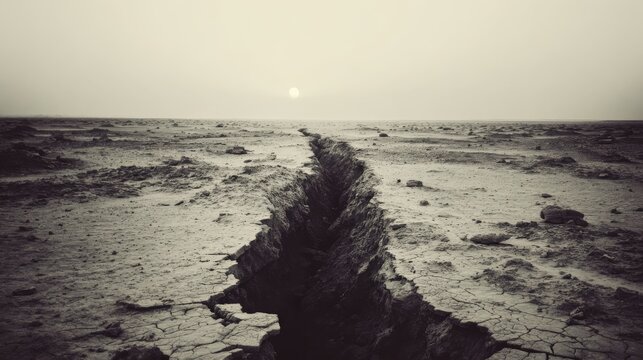 Cracked earth landscape with diminishing sunlight in black and white