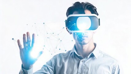 Young man immersed in virtual reality, interacting with glowing digital network against white background - Powered by Adobe