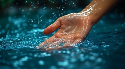 Fototapeta premium A gentle hand stirs the calm water, sending shimmering droplets spiraling into the air