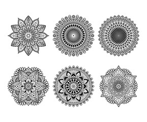 Collection of six intricate black and white mandala designs, each featuring complex geometric patterns and symmetrical floral motifs