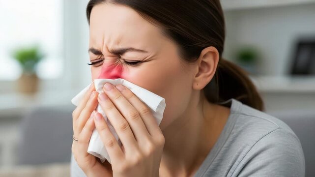 Sick woman with a cold blowing her nose with a tissue in her hand