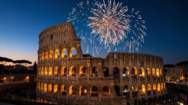 The stunning Colosseum glows as vibrant fireworks light up the night sky in Rome. The celebration captures the essence of the city's rich history and culture.