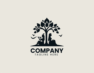 Romantic Hindu deities Radha and Krishna silhouette vector illustration standing under sacred tree. Mythology concept