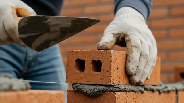 Realistic video of construction worker building brick wall with trowel