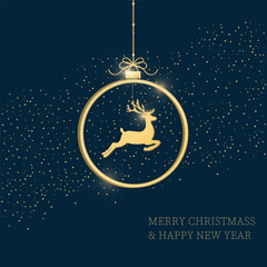 Greeting card with small christmas dears. Christmas golden deer on dark green background with golden snowflakes. Vector illustration. Gold pattern