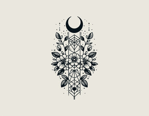 Intricate floral bouquet illustration combined with modern geometric lines and crescent moon symbol. Artistic design concept
