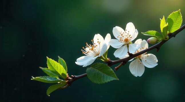 Delicate white blossoms and fresh green leaves unfurl on a dark, serene branch, capturing the gentle arrival of warmer days