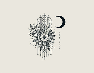Intricate floral bouquet illustration combined with modern geometric lines and crescent moon symbol. Artistic design concept