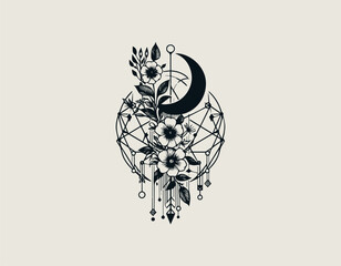 Intricate floral bouquet illustration combined with modern geometric lines and crescent moon symbol. Artistic design concept