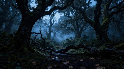Fototapeta premium Ancient gnarled trees create an eerie, shadowed passage within a damp, foggy woodland